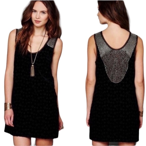 Free People Women’s Beaded Black Velvet Mini Shift Dress